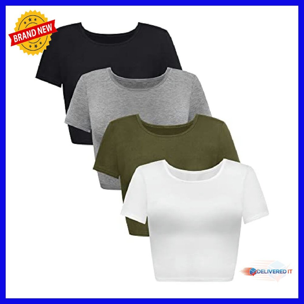 4 Pack Summer Crop Tops Basic Tight Short Sleeve … - image 2